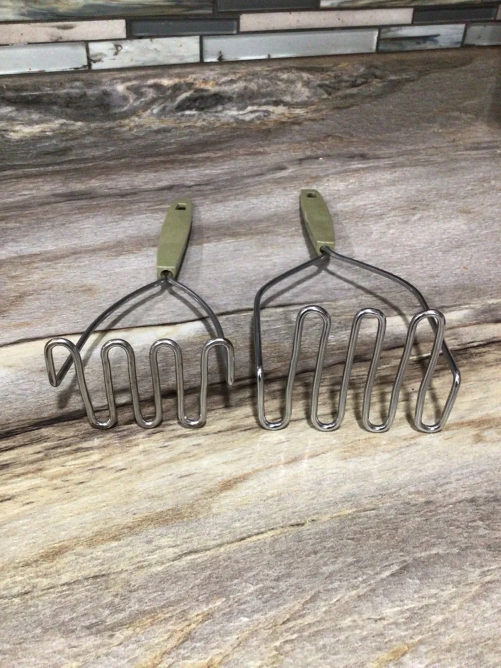 Vintage Green Handle Potato Mashers Set of 2 Stainless Steel Kitchen Utensils.
